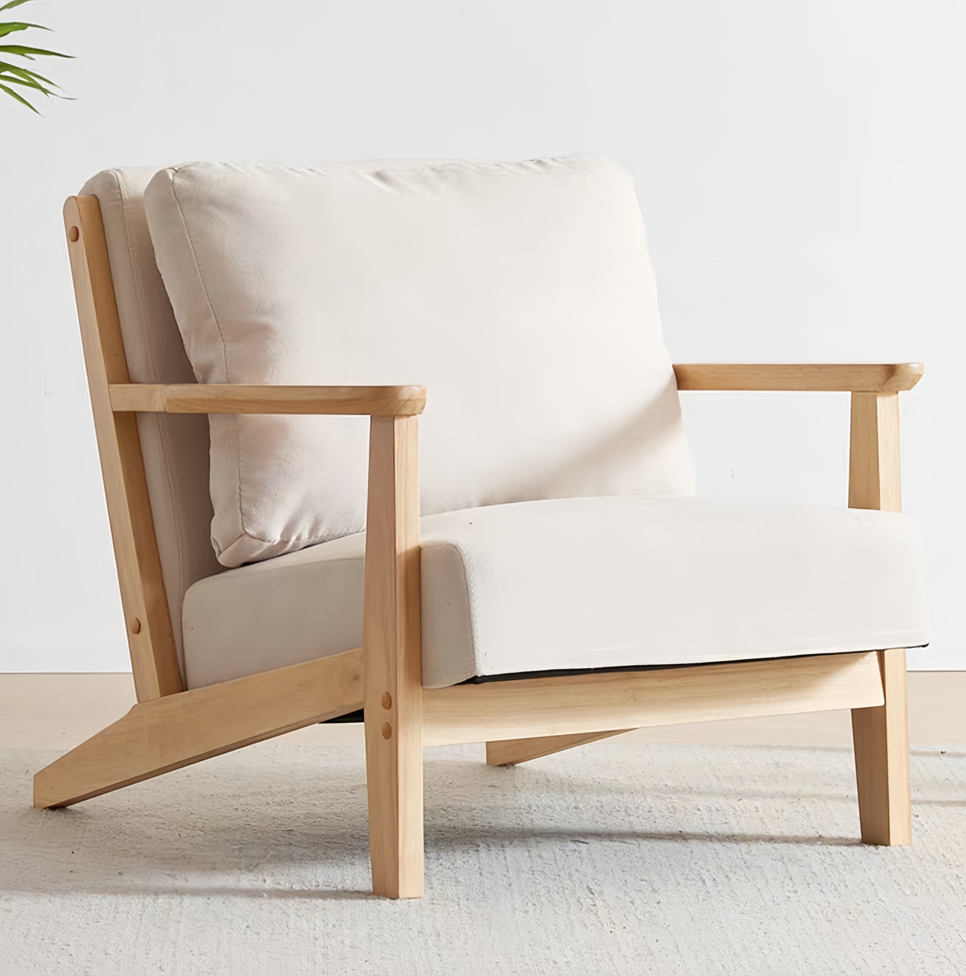 Fauteuil en Bois Clair avec Coussin Beige Amovible