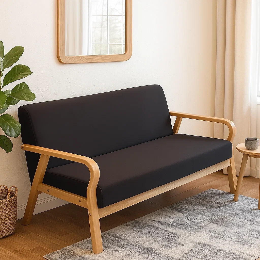 Canapé 2 places en bois avec accoudoirs arrondis et assise confortable