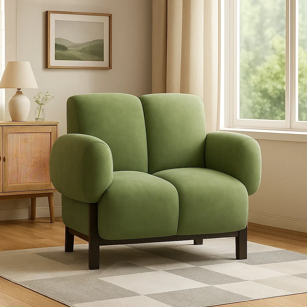Fauteuil moderne en tissu rembourré avec accoudoirs arrondis