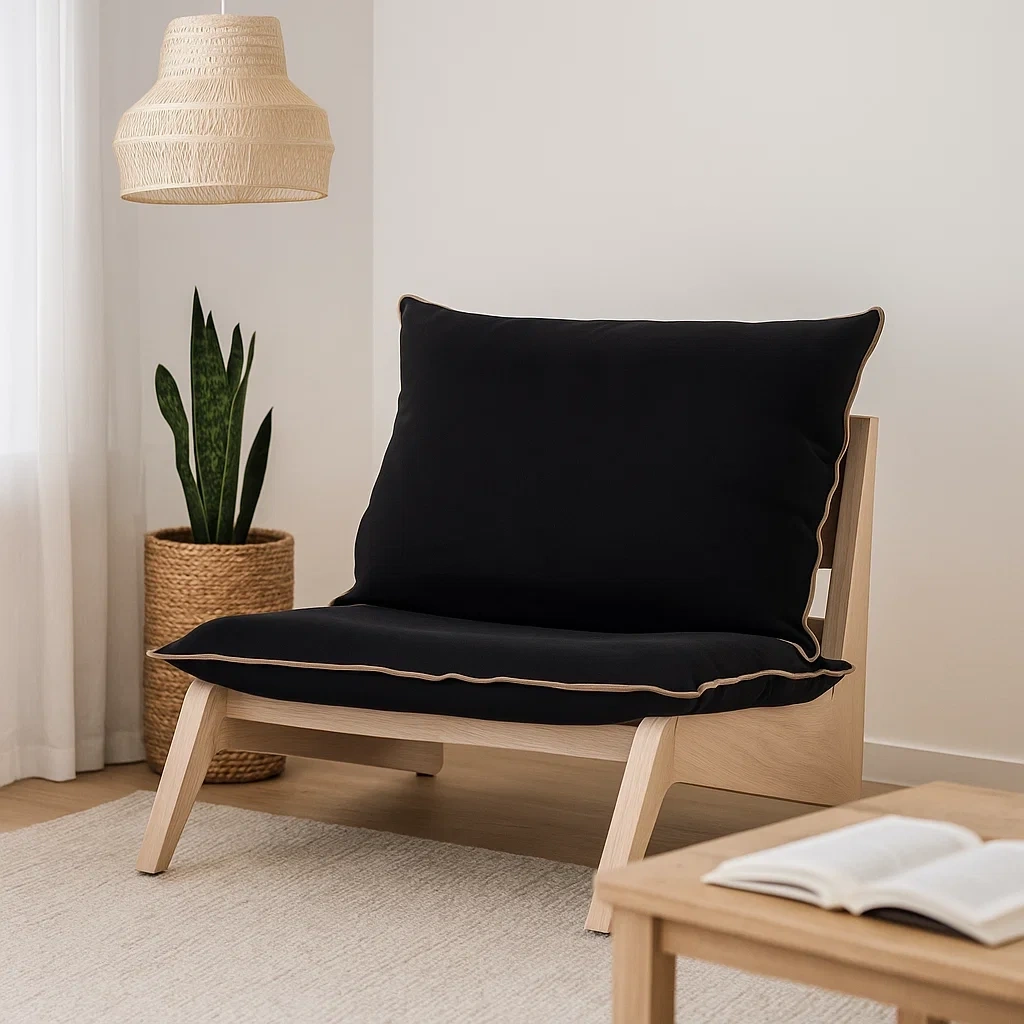 Fauteuil bas contemporain en bois et coussins rembourrés