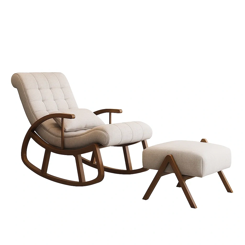 Fauteuil à bascule avec repose-pieds en bois et coussin rembourré