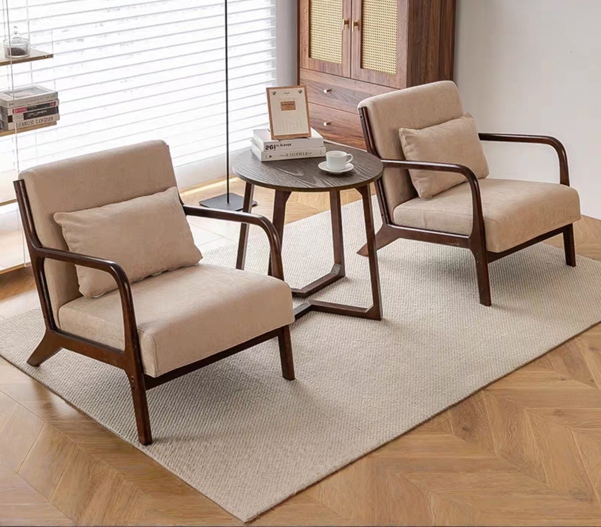 Ensemble de salon 3 pièces avec 2 fauteuils et 1 table basse en bois