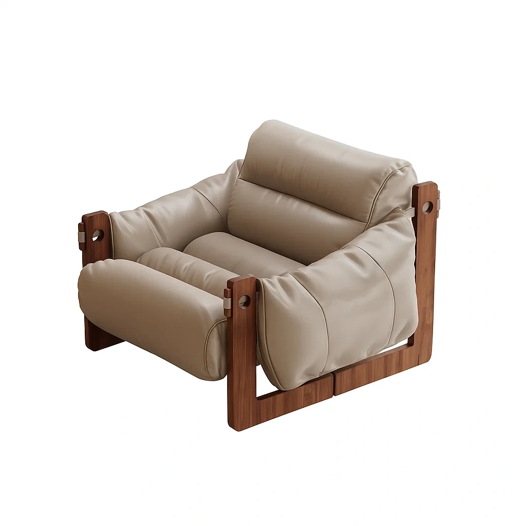 Fauteuil design avec structure en bois massif et coussins rembourrés