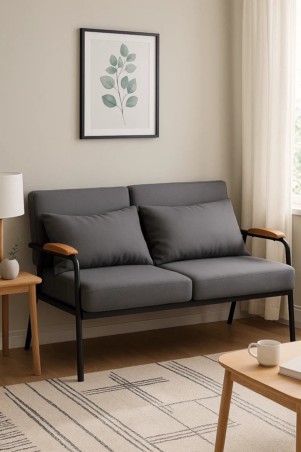 Canapé 2 places moderne avec accoudoirs en bois