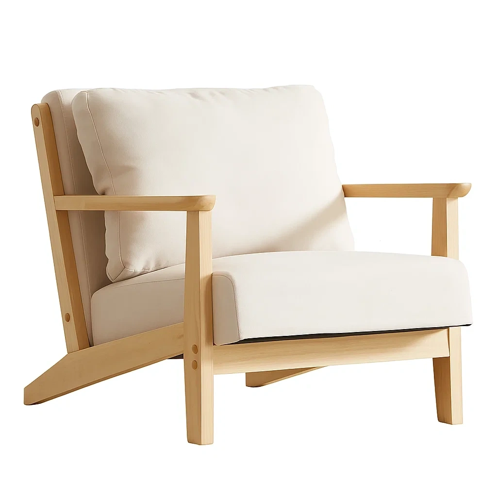 Fauteuil en Bois Clair avec Coussin Beige Amovible