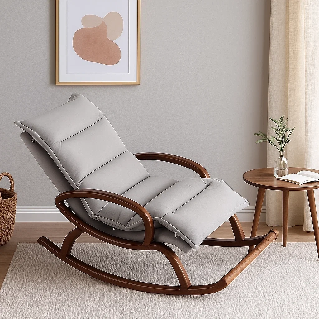 Fauteuil à bascule moderne avec structure en bois et coussin rembourré