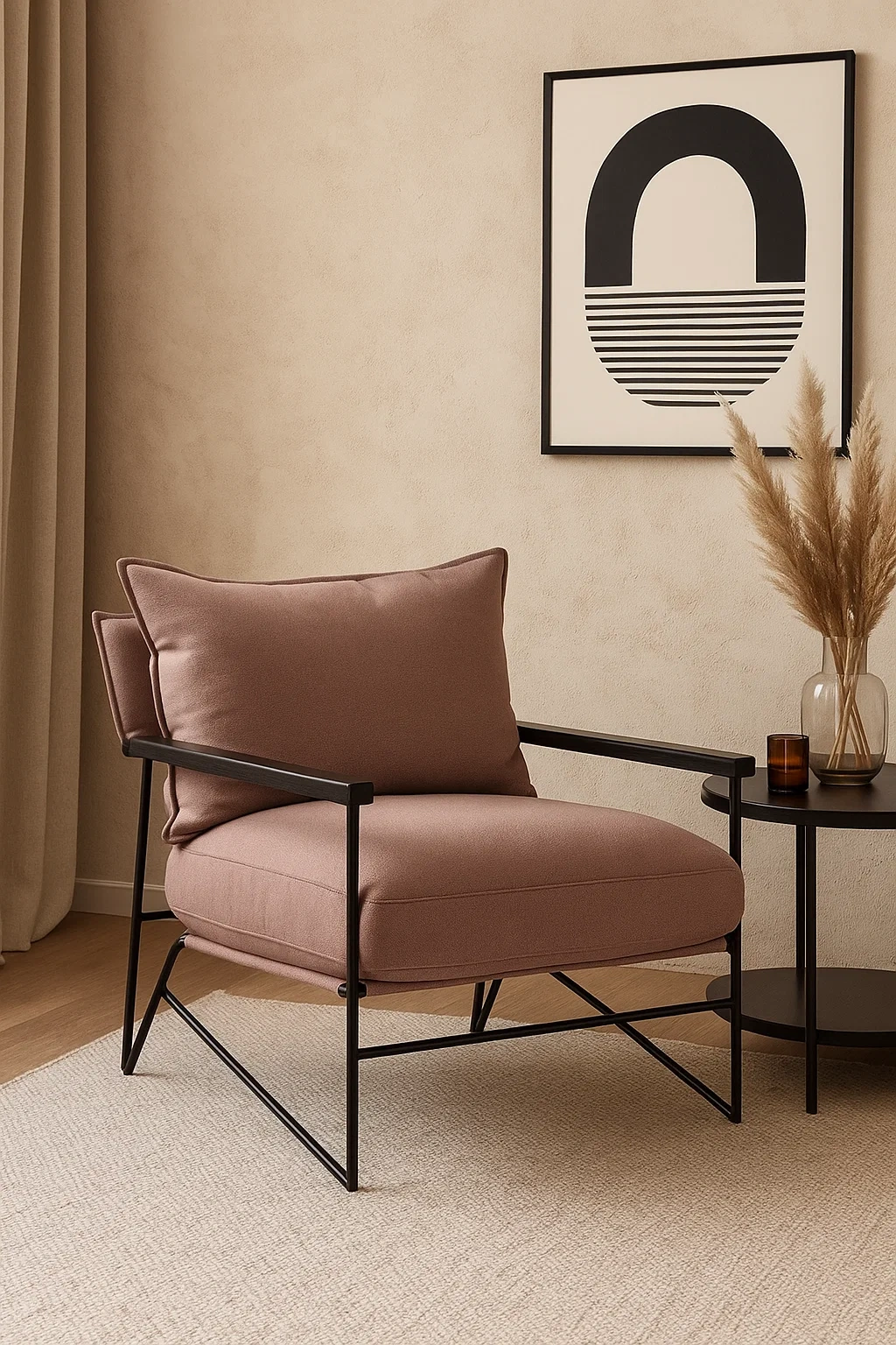 Fauteuil de salon design avec coussins rembourrés et structure en métal