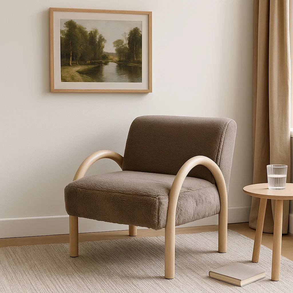 Fauteuil moderne avec structure en bois et revêtement en tissu doux