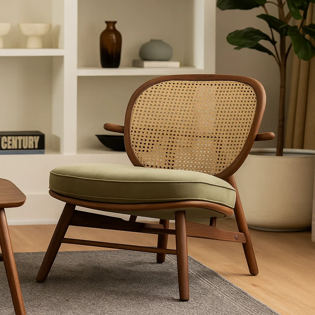 Fauteuil moderne avec structure en bois et dossier en rotin