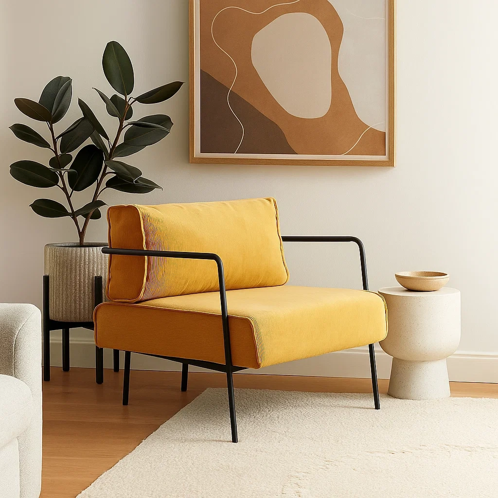 Fauteuil moderne avec structure métallique et assise rembourrée