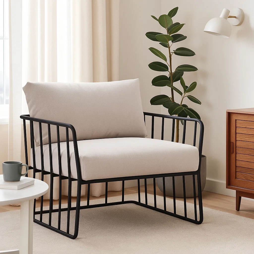 Fauteuil moderne avec structure métallique et coussins rembourrés