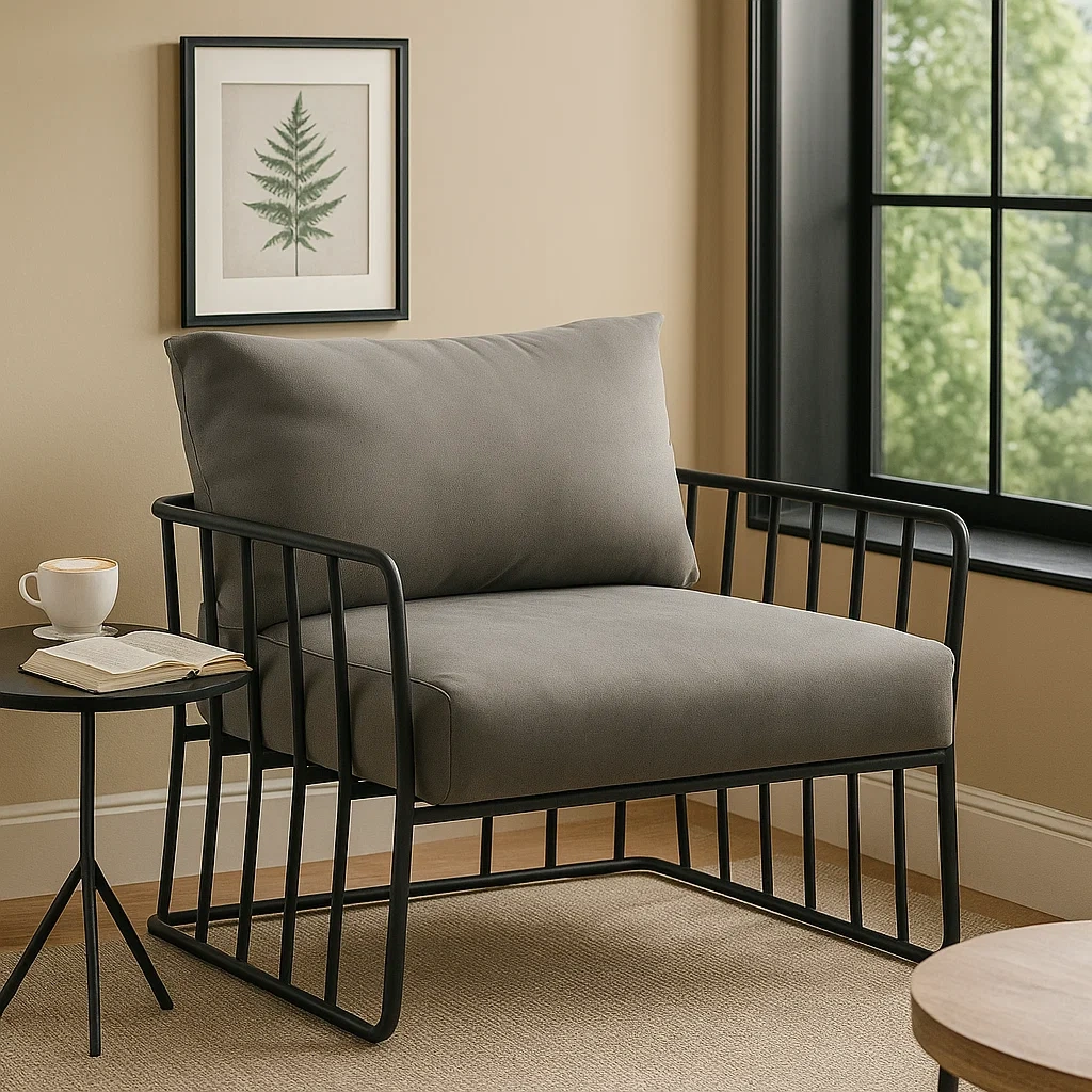 Fauteuil moderne avec structure métallique et coussins rembourrés