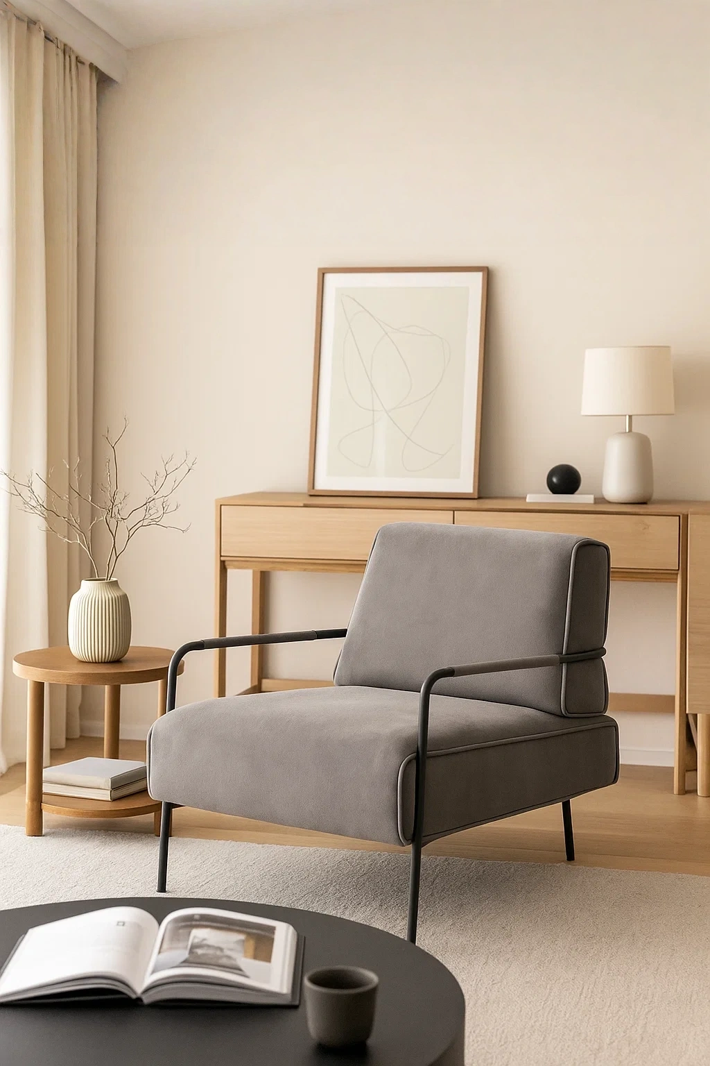 Fauteuil de salon moderne avec structure en métal et assise rembourrée