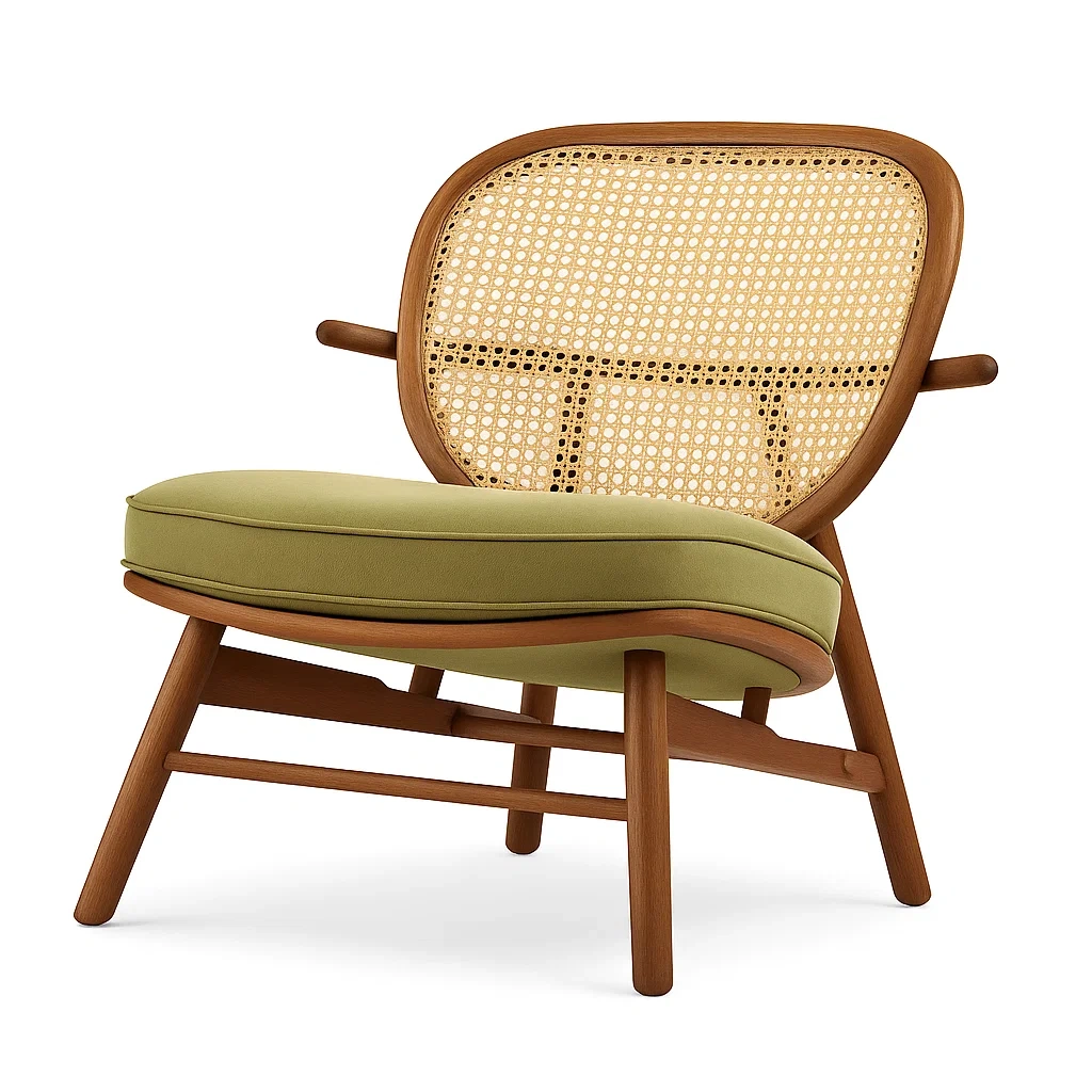 Fauteuil moderne avec structure en bois et dossier en rotin