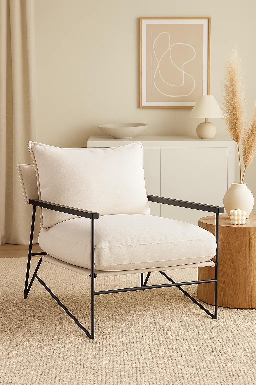 Fauteuil de salon design avec coussins rembourrés et structure en métal