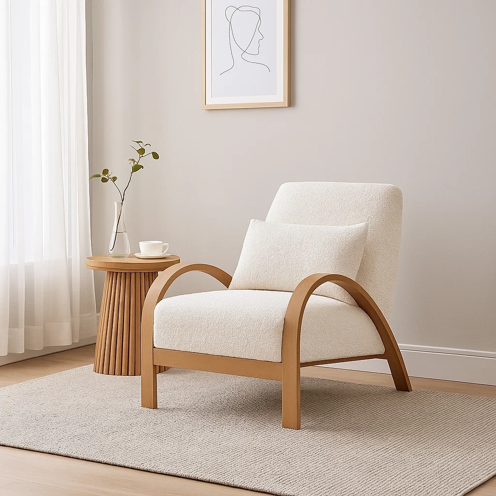 Fauteuil moderne avec structure en bois et assise rembourrée