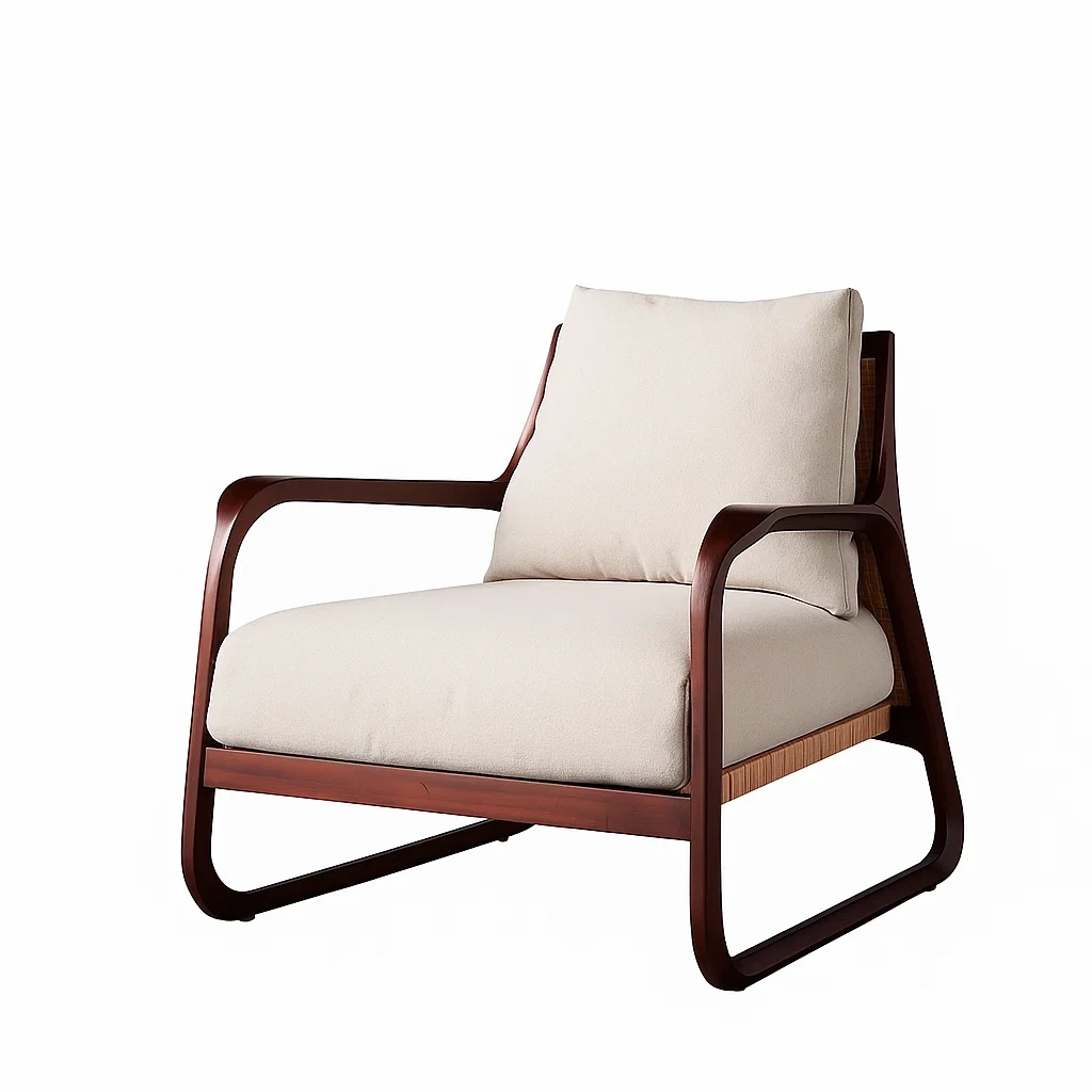 Fauteuil de salon moderne avec structure en bois et coussins rembourrés