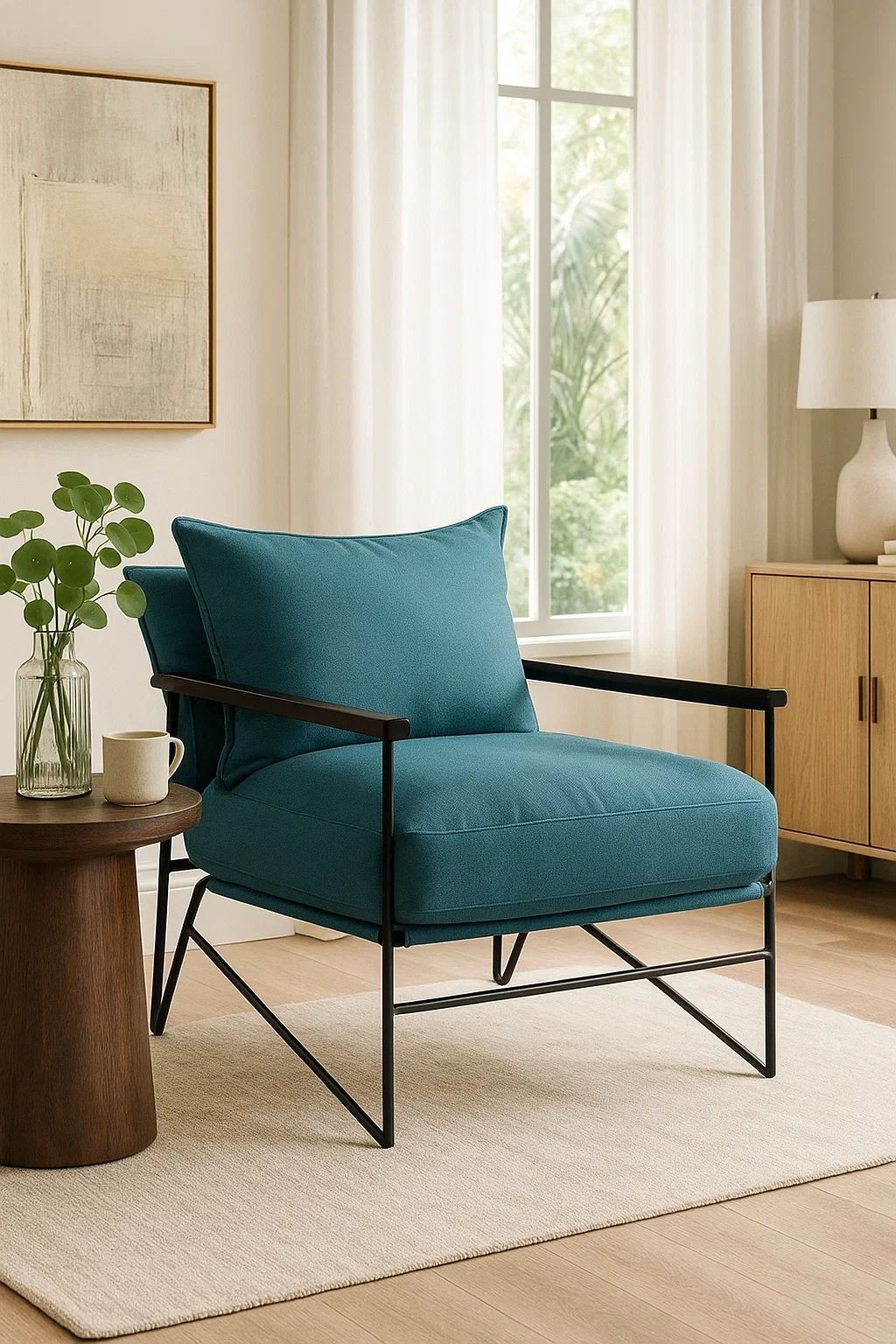 Fauteuil de salon design avec coussins rembourrés et structure en métal