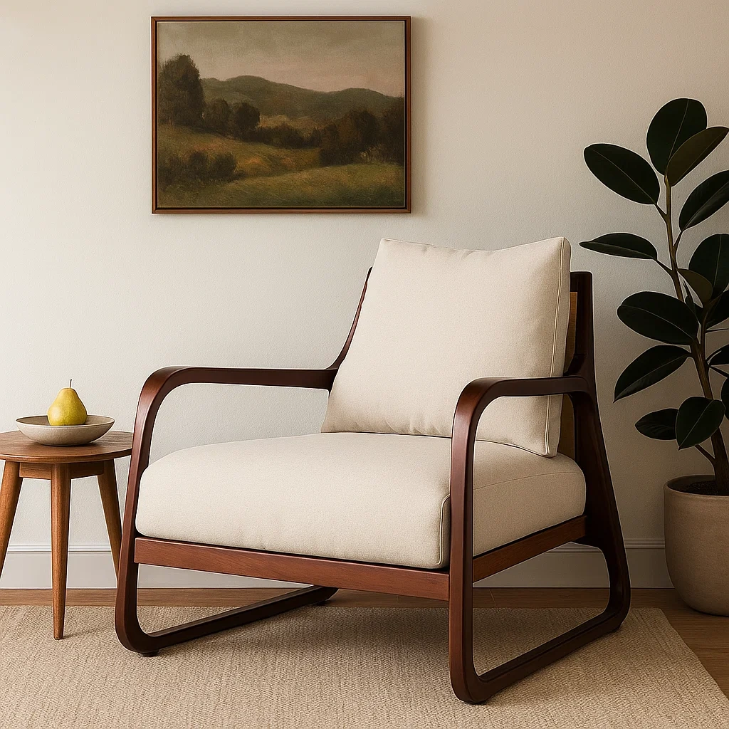 Fauteuil de salon moderne avec structure en bois et coussins rembourrés