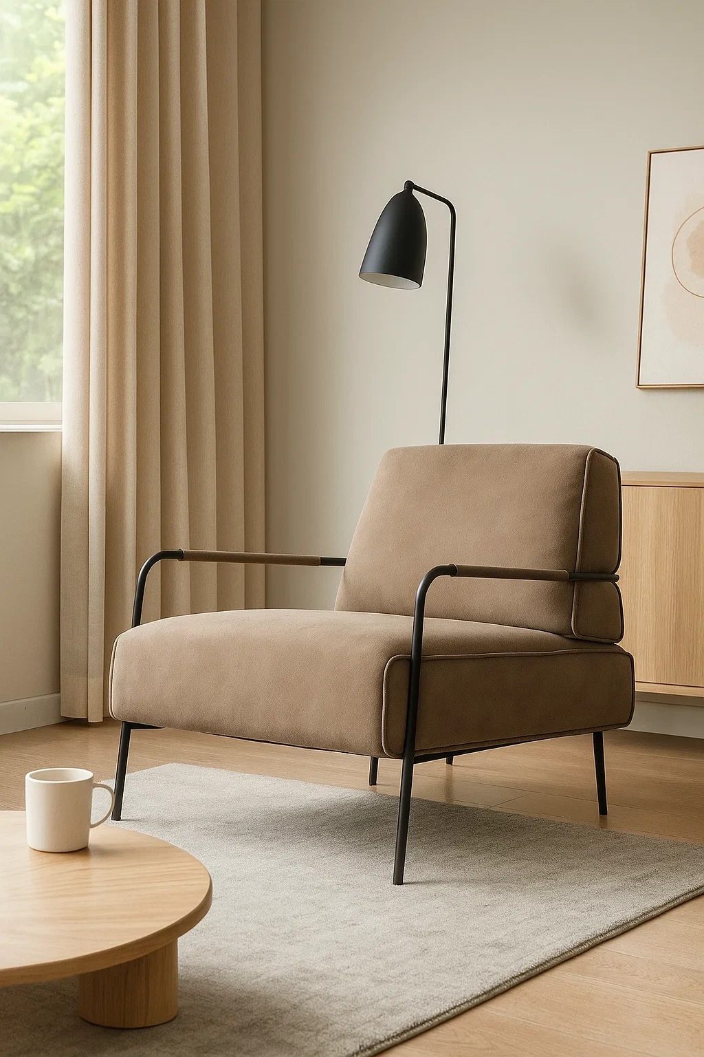 Fauteuil de salon moderne avec structure en métal et assise rembourrée