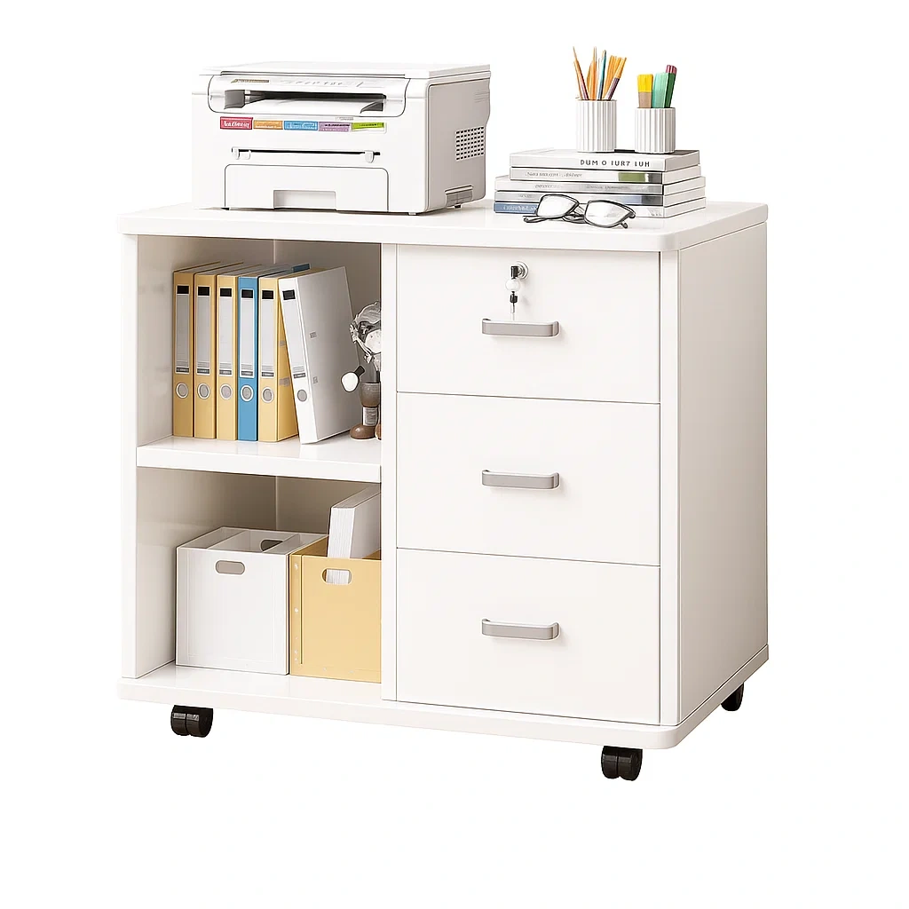 Caisson de bureau mobile avec 3 tiroirs et étagères ouvertes