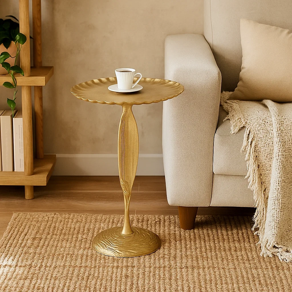 Table d’appoint ronde design sculptural en métal doré