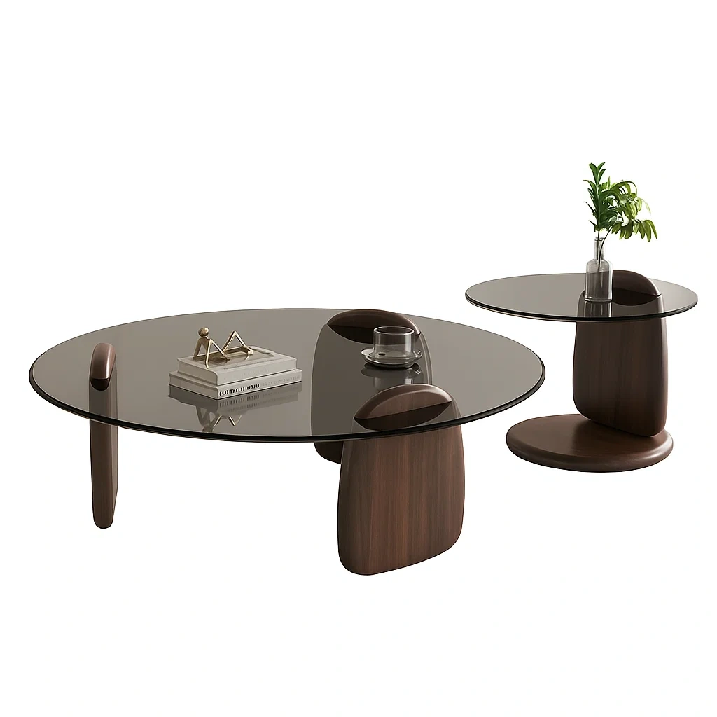 Ensemble de tables basses design avec plateau en verre et base en bois