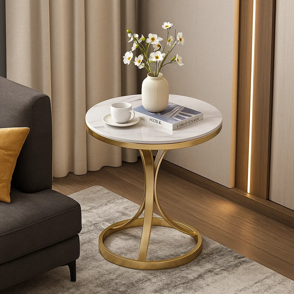 Table d’appoint ronde avec plateau en marbre et piètement en métal