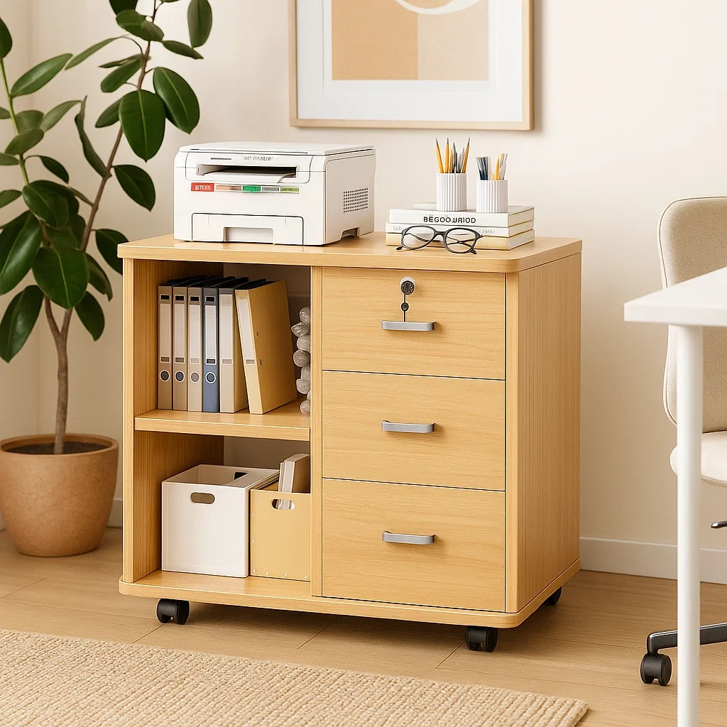 Caisson de bureau mobile avec 3 tiroirs et étagères ouvertes