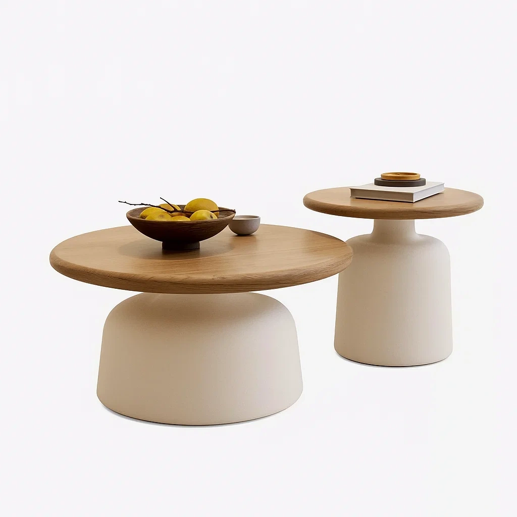 Table basse ronde design en bois et base sculpturale