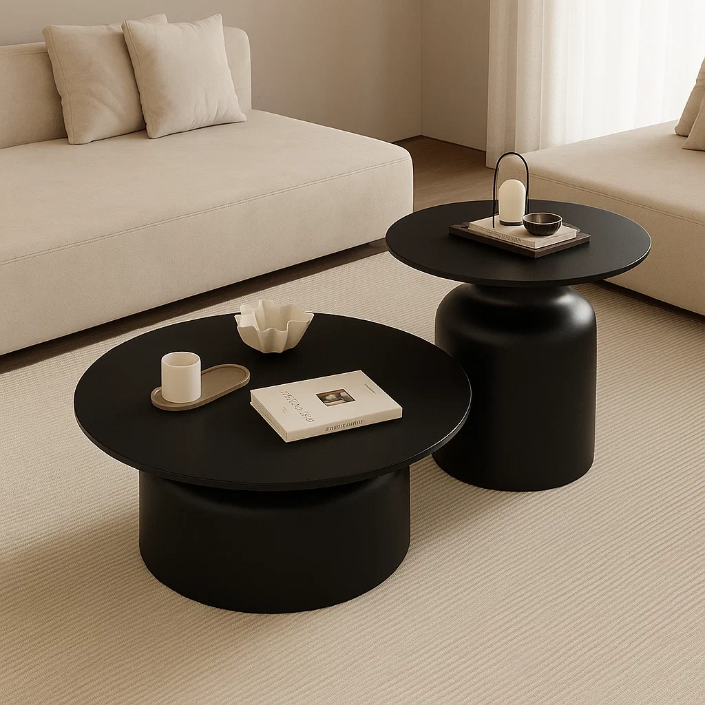 Table basse ronde design en bois et base sculpturale