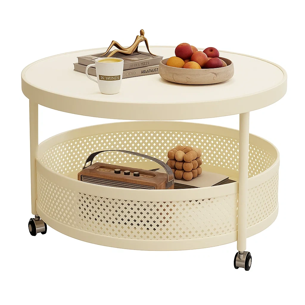 Table basse ronde design avec rangement et roulettes