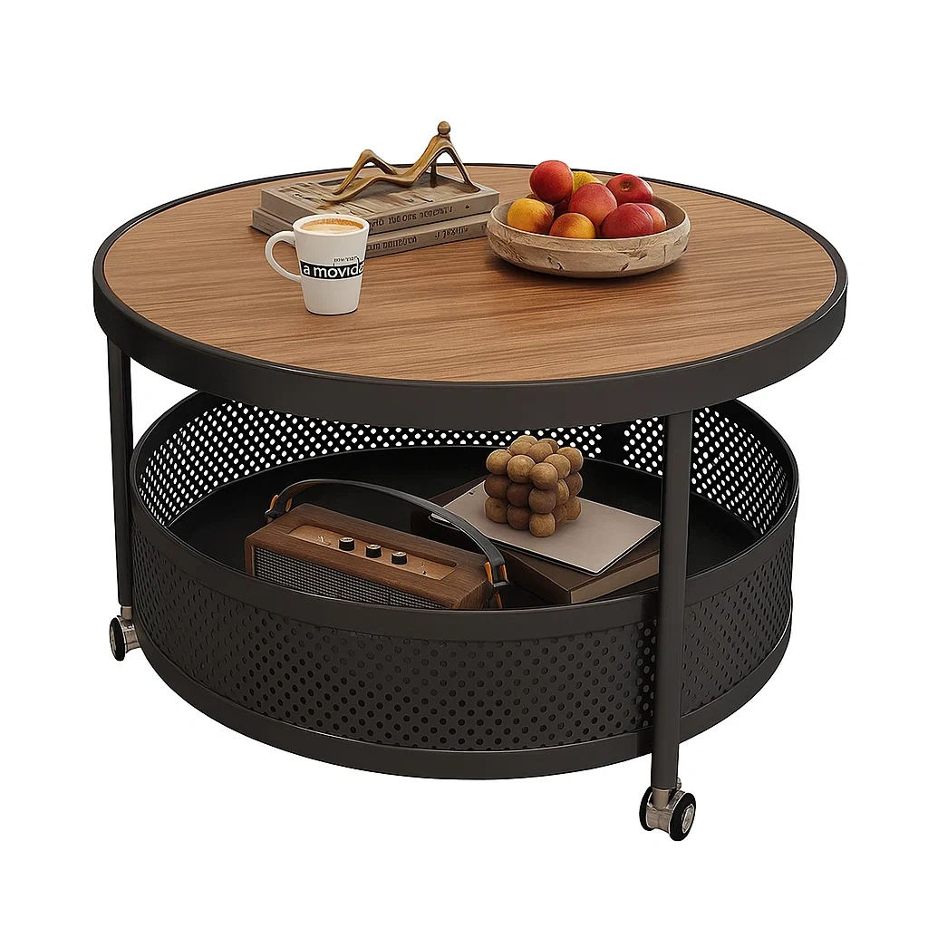 Table basse ronde design avec rangement et roulettes