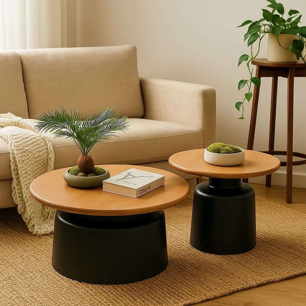 Table basse ronde design en bois et base sculpturale