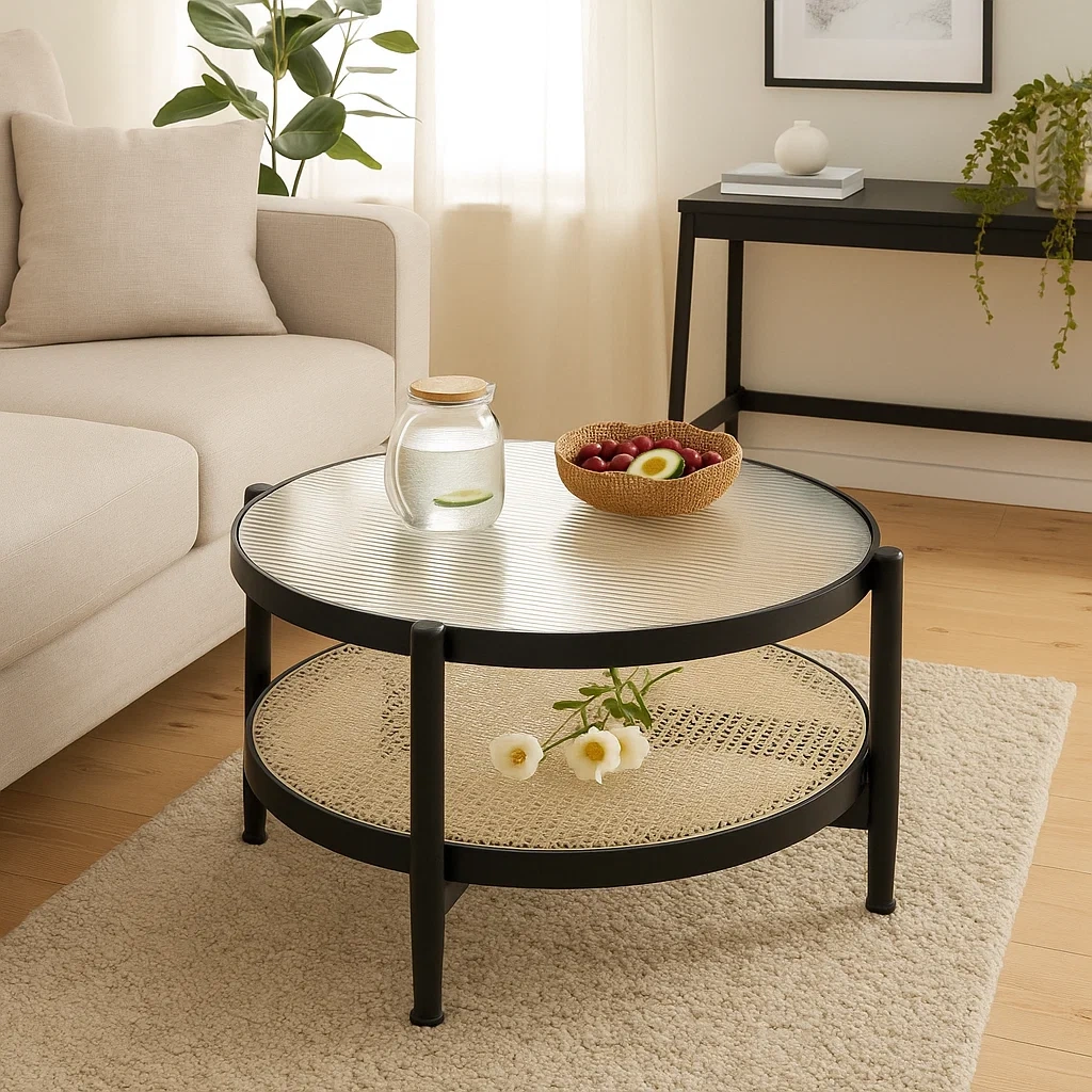 Table basse ronde avec plateau en verre et étagère en rotin
