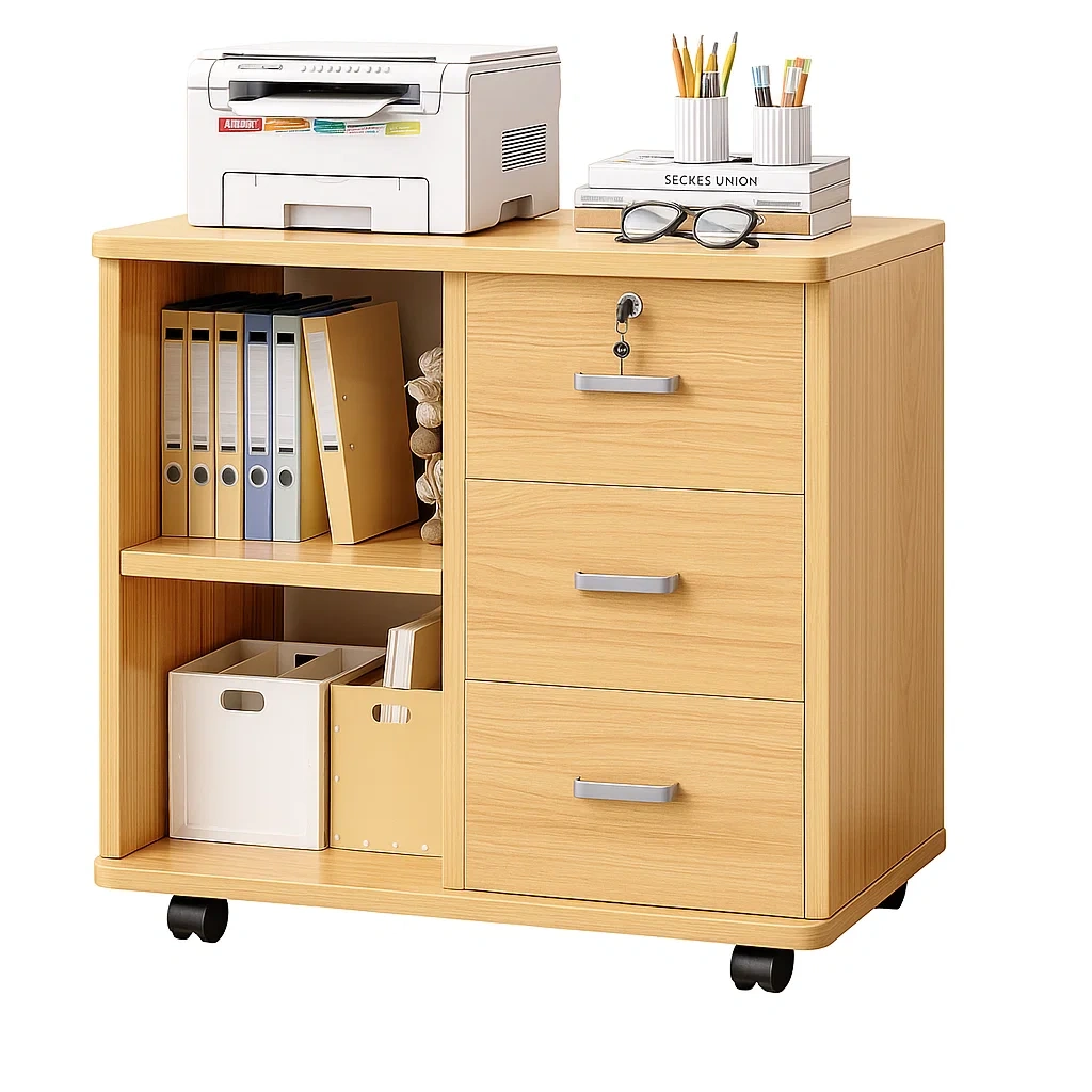 Caisson de bureau mobile avec 3 tiroirs et étagères ouvertes