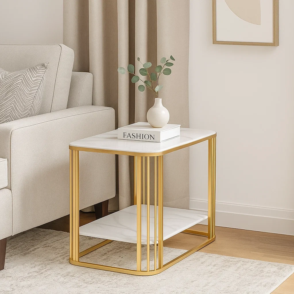 Table d’appoint rectangulaire en marbre avec structure métallique dorée