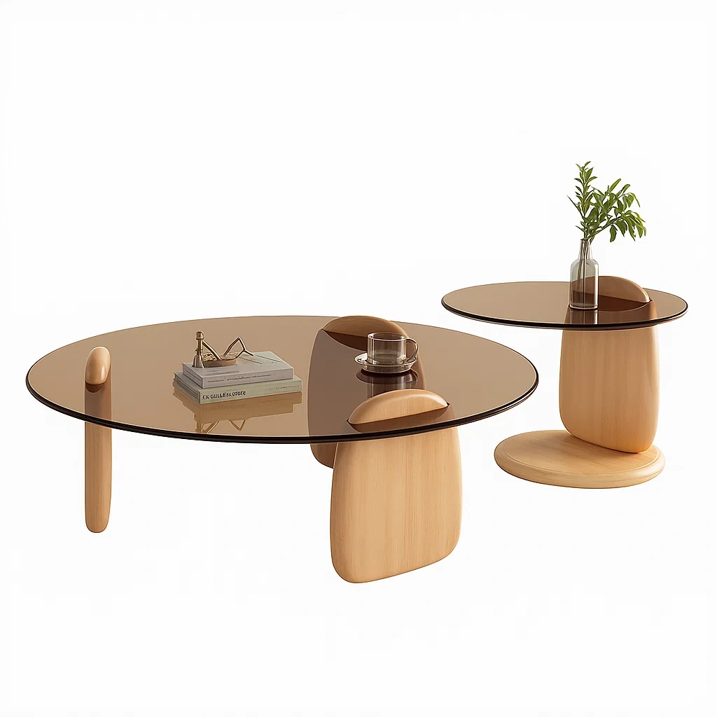 Ensemble de tables basses design avec plateau en verre et base en bois