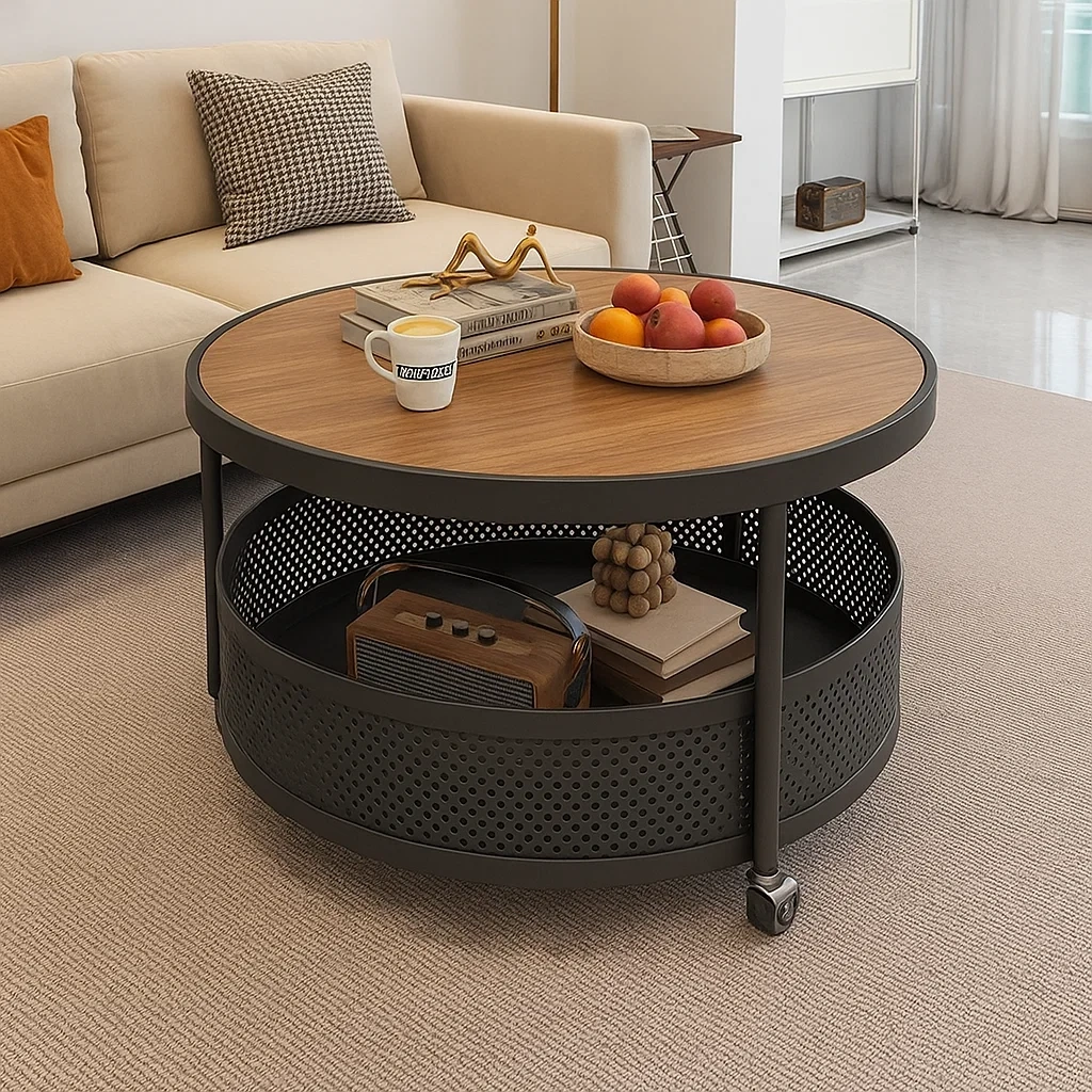 Table basse ronde design avec rangement et roulettes