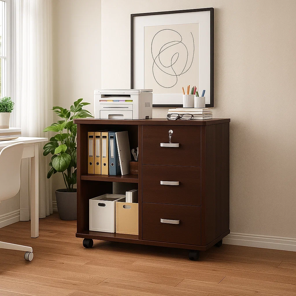 Caisson de bureau mobile avec 3 tiroirs et étagères ouvertes