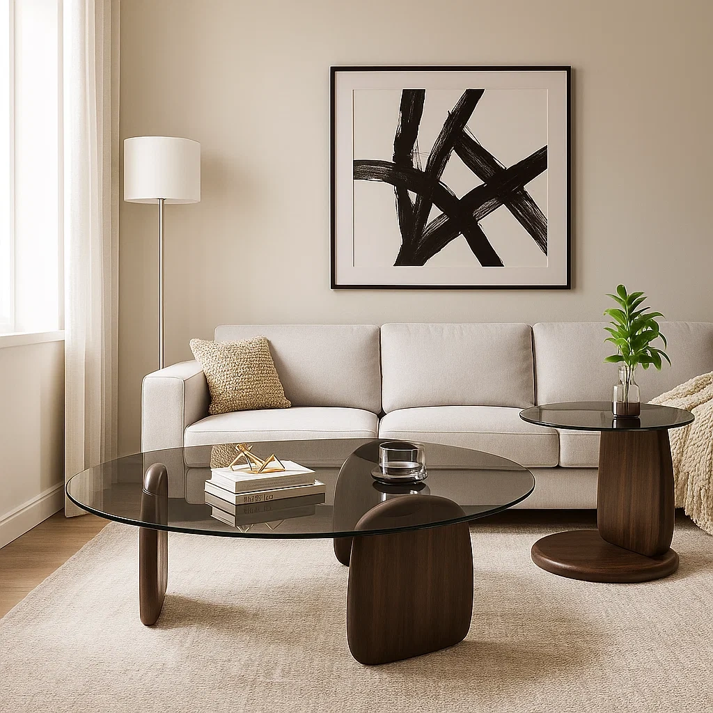 Ensemble de tables basses design avec plateau en verre et base en bois