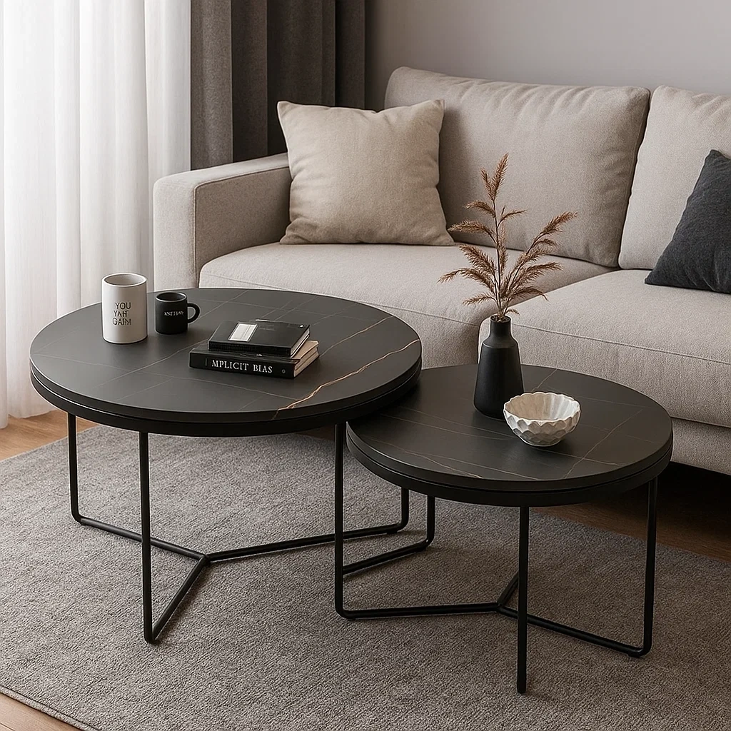 Ensemble de tables basses rondes modernes avec plateau effet marbre