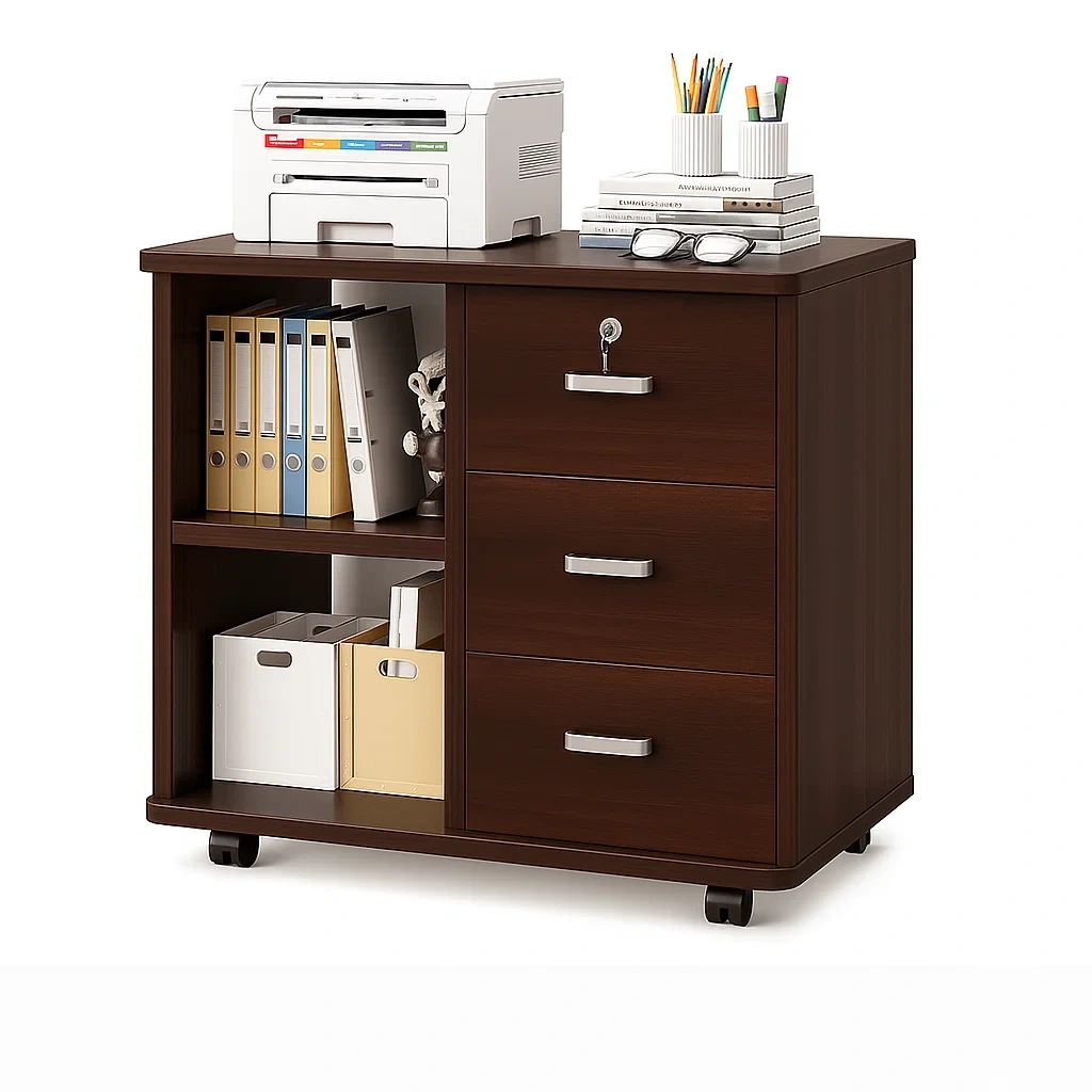 Caisson de bureau mobile avec 3 tiroirs et étagères ouvertes