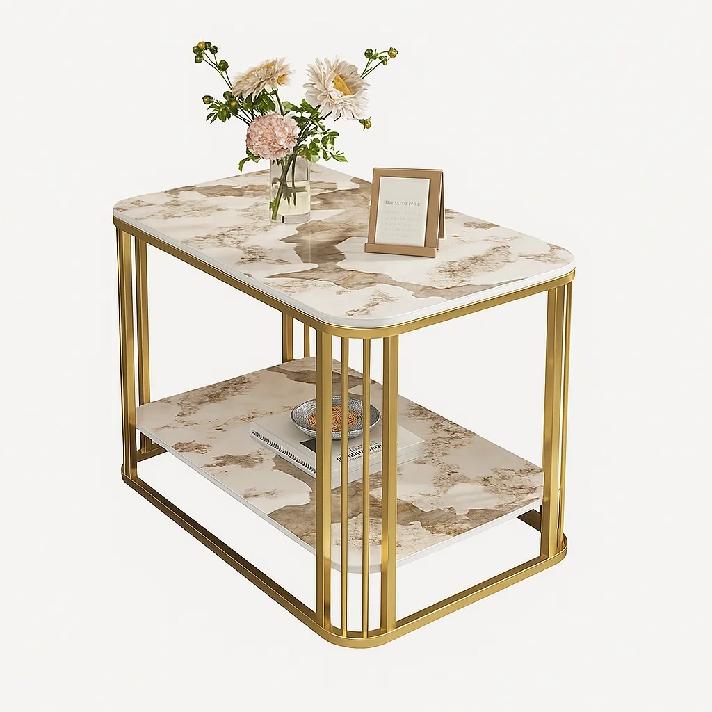 Table d’appoint rectangulaire en marbre avec structure métallique dorée