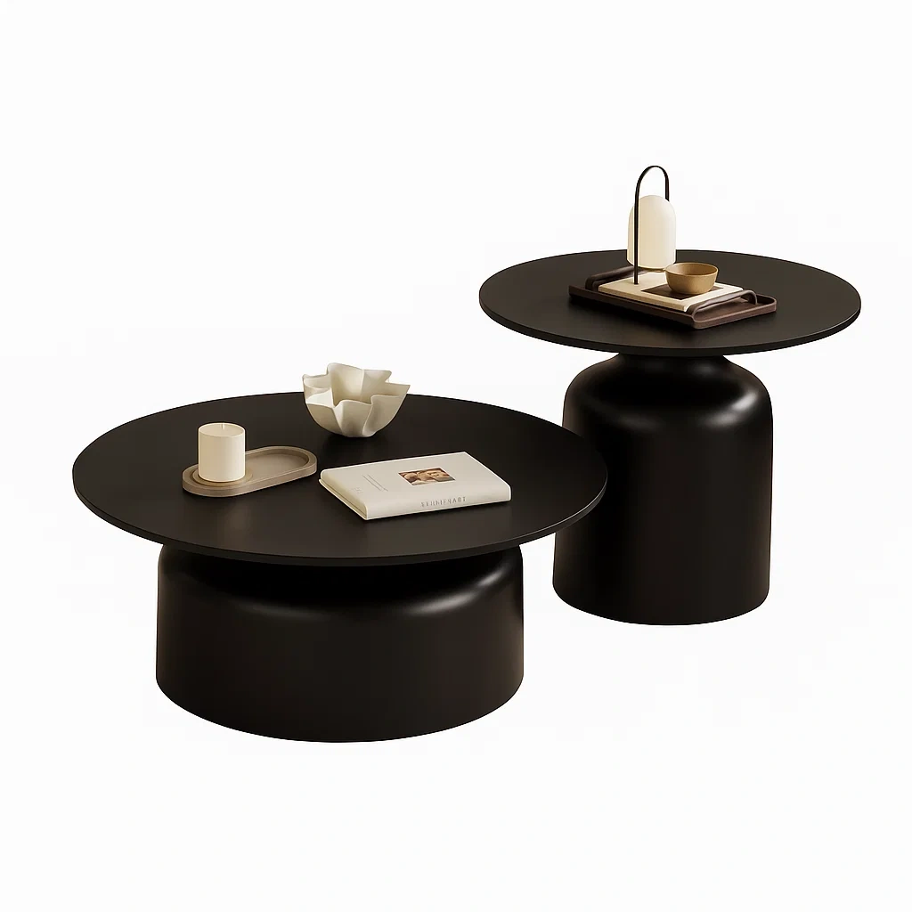 Table basse ronde design en bois et base sculpturale