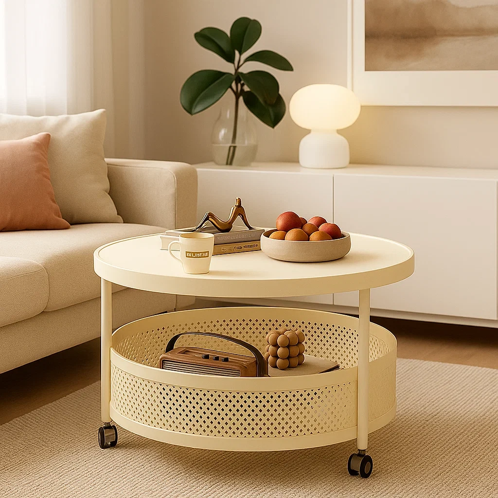 Table basse ronde design avec rangement et roulettes