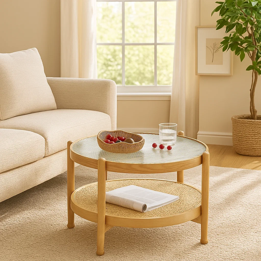 Table basse ronde avec plateau en verre et étagère en rotin