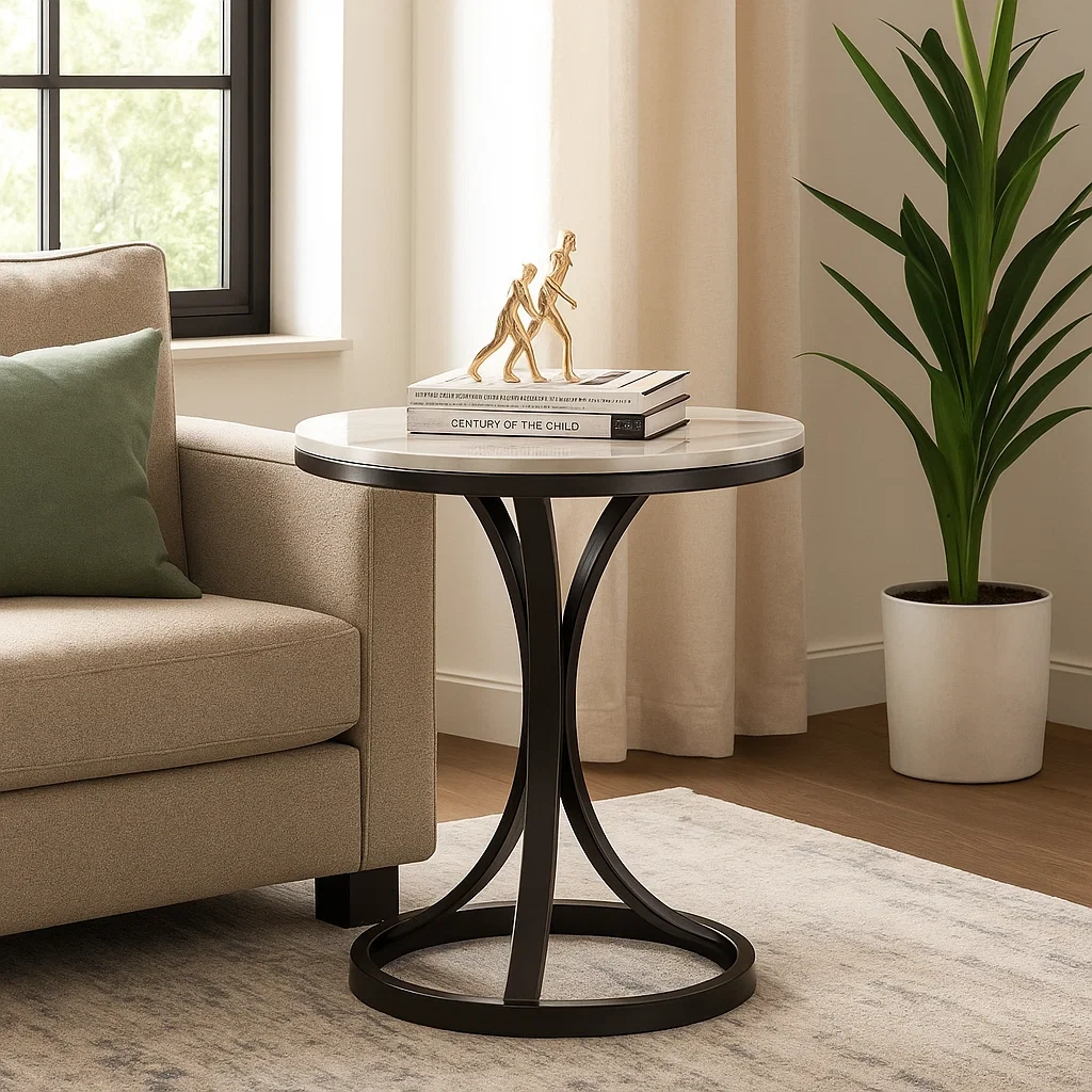 Table d’appoint ronde avec plateau en marbre et piètement en métal