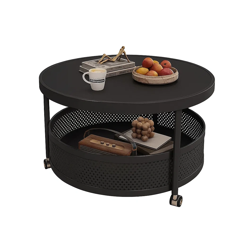 Table basse ronde design avec rangement et roulettes