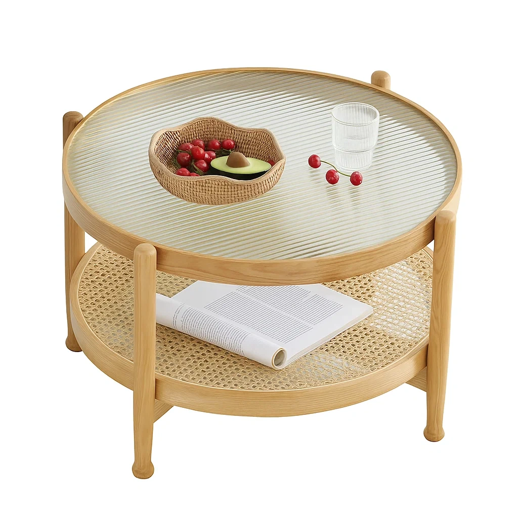 Table basse ronde avec plateau en verre et étagère en rotin